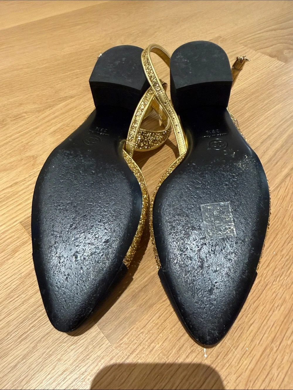 CHANEL Gold Glitter Slingback Mules with Black Cap Toe